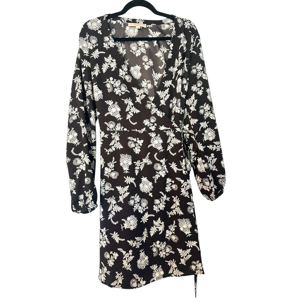 Loft Black Floral Long Sleeve V-Neck Wrap Dress Size 10